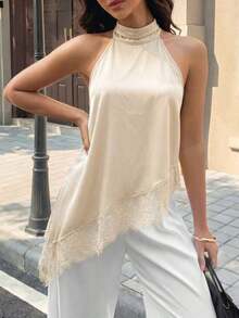 Top de tirantes negro para mujer, bajo asimétrico, diseño sin espalda, con ribete de encaje en contraste, longitud regular para verano - Albaricoque - Ver 5
