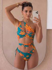 Traje de baño monokini sexy para mujer, diseño de un hombro con recortes, elegante para vacaciones de verano en la playa, color negro - Azul lago + naranja - Ver 1