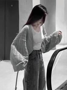 女士宽松落肩长袖轻薄开衫 - 灰色 - 查看 11