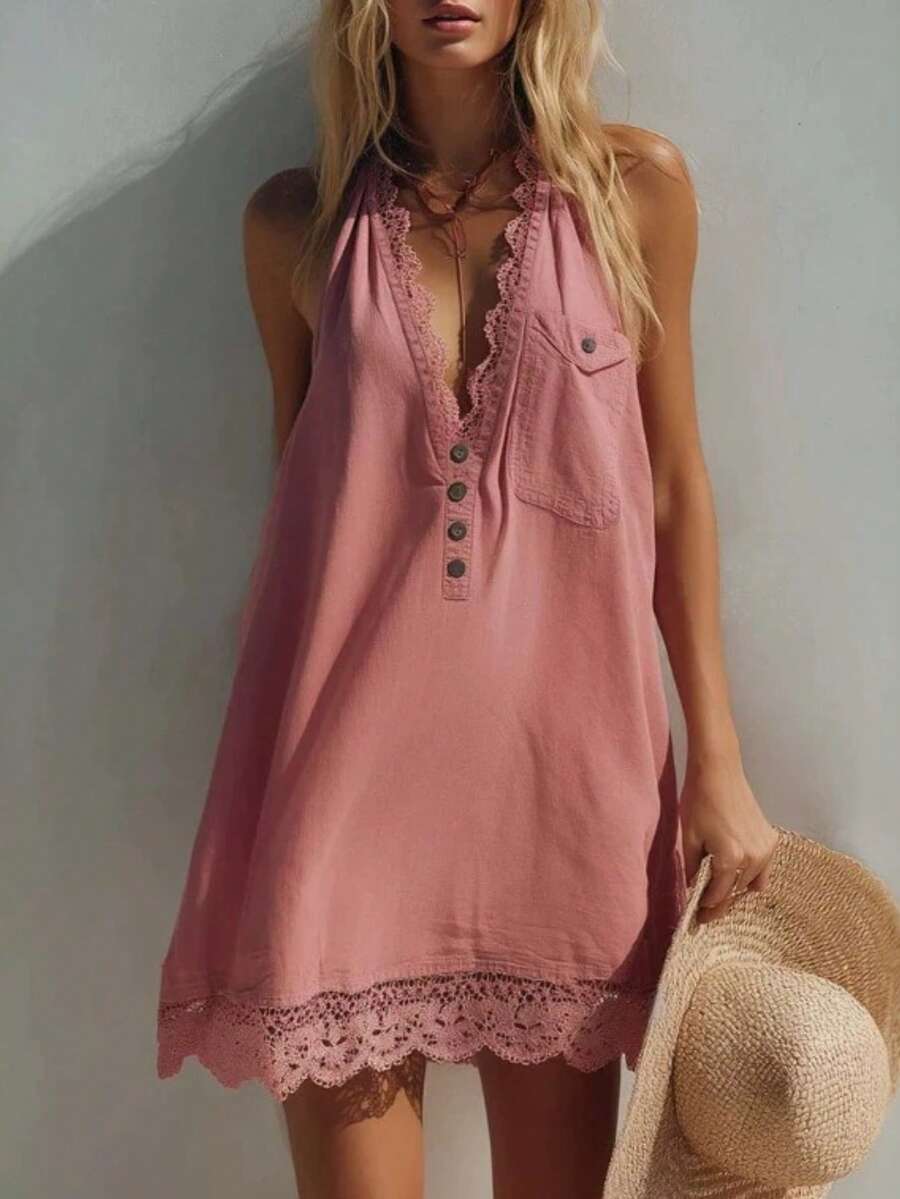 Retro Lace V-Neck Pink Denim Mini Skirt - Pink - View 1