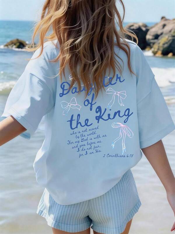 1pc Casual Light Blue Round Neck T-Shirt With Creative Ombre Bow Print Design, Fashionable And Comfortable, A New Summer Wardrobe Option