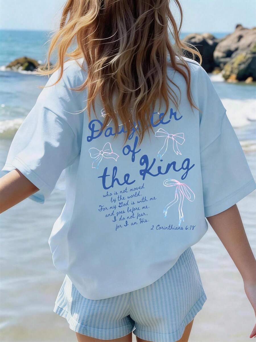 1pc Casual Light Blue Round Neck T-Shirt With Creative Ombre Bow Print Design, Fashionable And Comfortable, A New Summer Wardrobe Option - Baby Blue - View 1