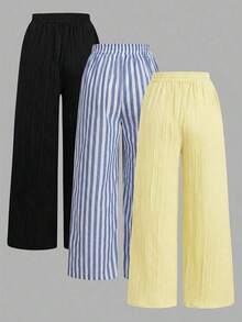 Set de 3 pantalones rectos sueltos de cintura alta con cordón y bolsillos, de unicolor y versátiles, adecuados para primavera/verano - Multicolor 5 - Ver 2