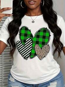1 Piece Of Women's Casual T-Shirt, Leopard Heart Print, Black Stripes And Green Checks, Summer Top For Daily Wear, 180g, 100% Cotton. - 黑色 - 查看 9