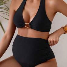 Swim Vcay Conjunto de bikini de unicolor con cuello halter para mujeres embarazadas - Morado - Ver 6
