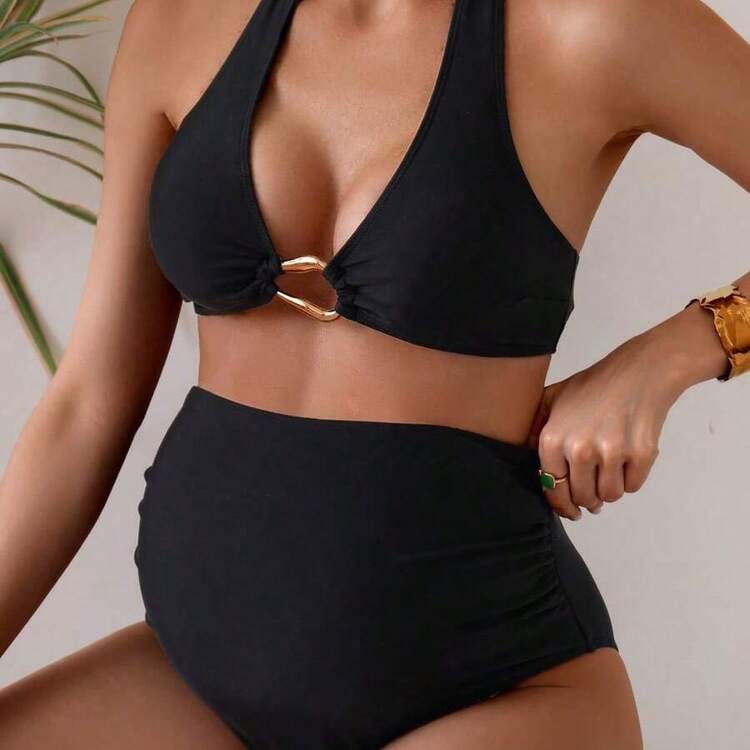 Swim Vcay Conjunto de bikini de unicolor con cuello halter para mujeres embarazadas - Morado - Añade 6