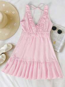 Vestido mini de mujer de color amarillo liso con volantes en los tirantes, de estilo casual de vacaciones, para verano - Rosa Pálido - Ver 2