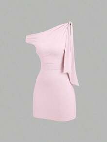Sweetro Vestido ajustado sexy con volantes en el hombro oblicuo, que ciñe la cintura, estilo francés chic, minifalda ajustado - Rosa Pálido - Ver 3