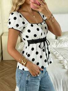 Conjunto de verano con blusa de cuello cuadrado, mangas abullonadas y lazo delantero - Multicolor 6 - Ver 3