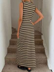 Vestido ajustado a rayas blancas y negras con abertura frontal, informal, para negocios y resorts, lindo vestido de verano, adecuado para las temporadas de primavera, verano, otoño e invierno, ropa informal de negocios para la vuelta al cole, atuendos para salir, ropa para la vuelta al cole, atuendos para maestras, vestido color crema, vestido elegante de playa largo para mujer. - Gris volcánico - Ver 4