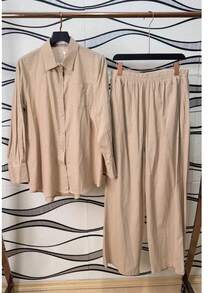 Linen Shirt And Pants Set, 2 Pieces, Lined With Elastic. - Khaki - View 1