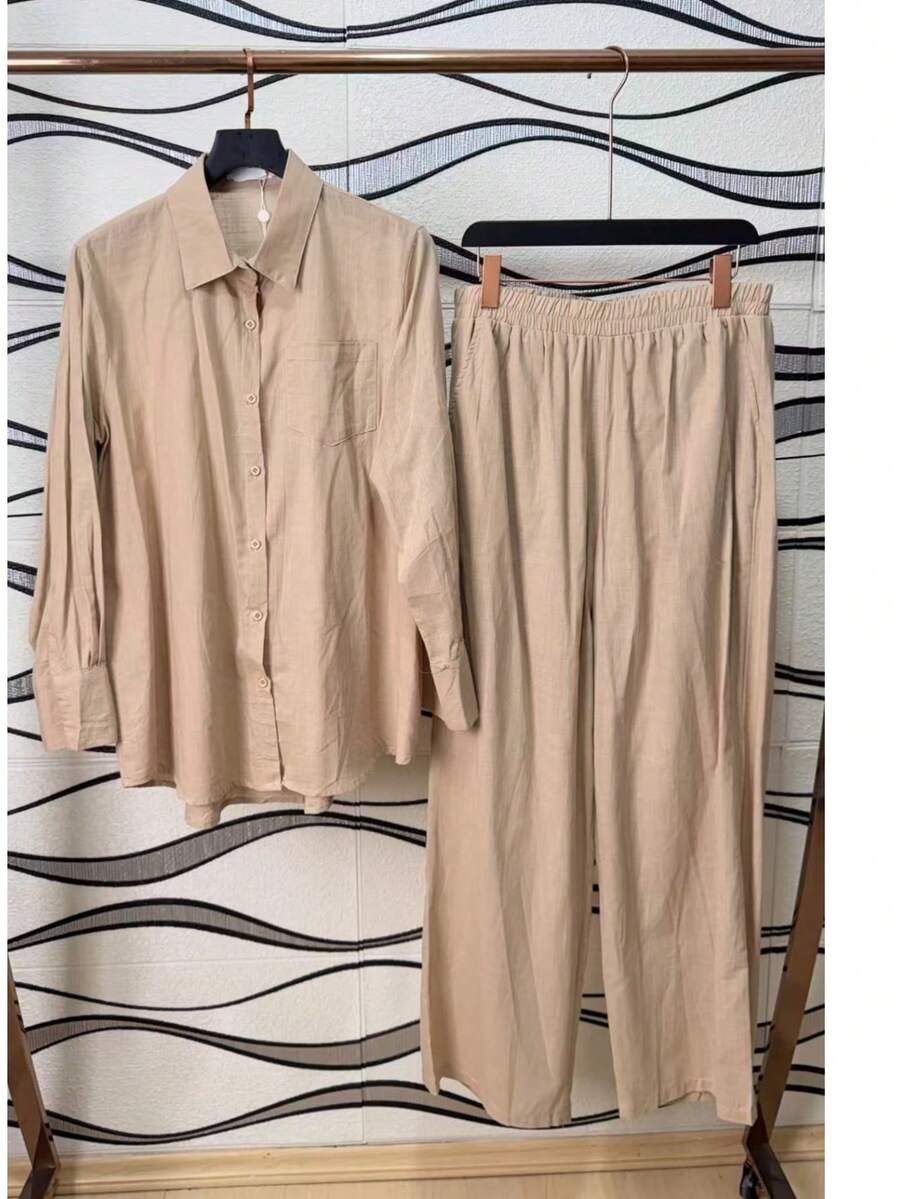 Linen Shirt And Pants Set, 2 Pieces, Lined With Elastic. - Khaki - View 1