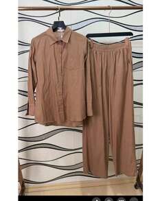 Linen Shirt And Pants Set (2 Pieces), Lined With Elastic. - Mocha Brown - View 7