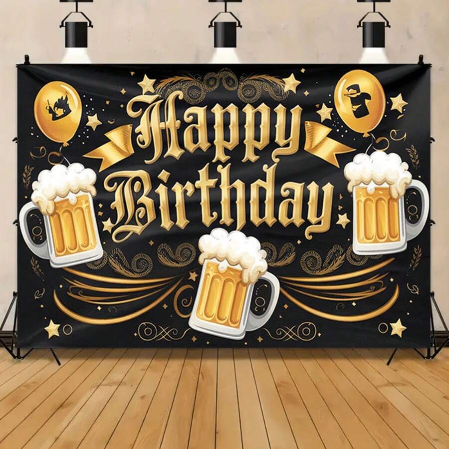 1pc Happy Birthday Beer Festival Party Backdrop - Retro Black Gold Design, Backdrop Decor, Suitable For Living Room Decoration, Outdoor Setup And Party Decoration - 14 - View 1