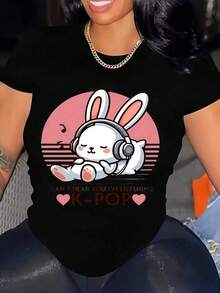 1 PIEZA AINO 100% Algodón Camiseta Para Mujer No Puedo Oírte, Estoy Escuchando Mercancía Conejo Algodón Pesado Camiseta Estampada De Halloween Para Mujer-Vintage Street Style Unisex Loose Cotton Short Sleeve Crew Neck T-Shirtblusas para mujer, playeras de mujer,blusas casuales para dama, - Negro - Ver 1