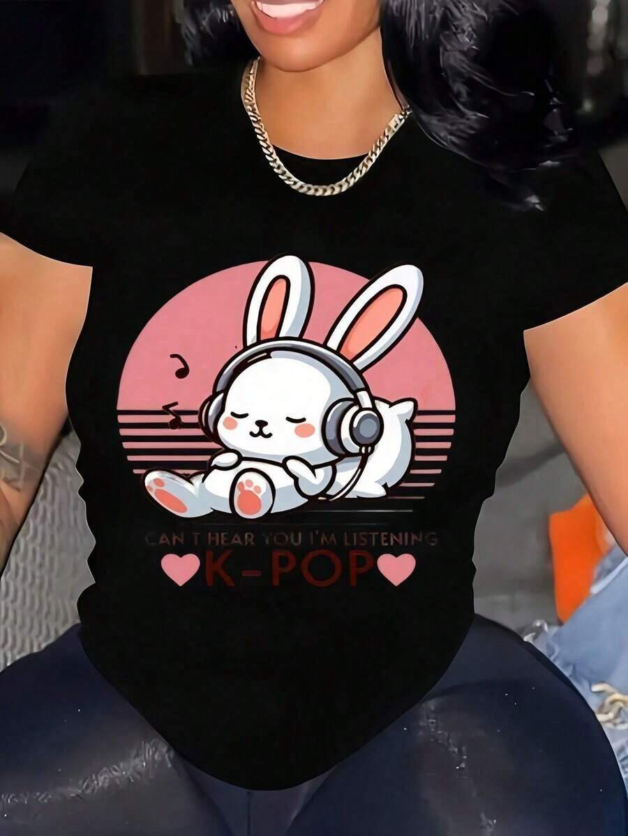 1 PIEZA AINO 100% Algodón Camiseta Para Mujer No Puedo Oírte, Estoy Escuchando Mercancía Conejo Algodón Pesado Camiseta Estampada De Halloween Para Mujer-Vintage Street Style Unisex Loose Cotton Short Sleeve Crew Neck T-Shirtblusas para mujer, playeras de mujer,blusas casuales para dama, - Negro - Ver 1