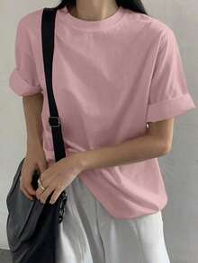Loose-Fitting, Solid-Color Summer T-Shirt With A Round Neck And Oversized Cut. Easy To Wash And Care For Everyday Wear. - 黑色 - 查看 11