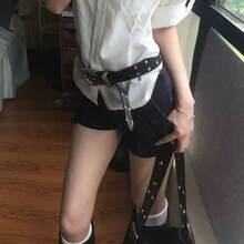 复古百搭腰带，黑色朋克摇滚铆钉装饰休闲牛仔裤腰带，纯色波西米亚风PU皮革 - A - 查看 1