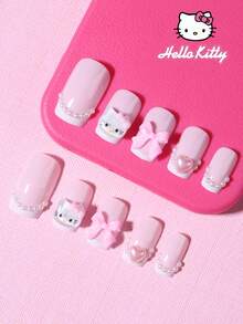 SANRIO 三麗鷗 Hello Kitty 24片方形可愛 3D 尖頭法式美甲貼片，飾有 Hello Kitty、愛心、珍珠和粉色蝴蝶結，粉色少女風，完美貼合壓克力假指甲組，含 1 瓶膠水和 1 個指甲銼刀，適合女性或女孩日常派對使用 - 彩色 - 查看 2