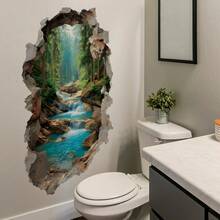 1 pieza Pegatina de pared 2D con diseño de pared rota, bosque y arroyo, diseño de agujero 3D, decoración de pared de fondo para baño - Multicolor - Ver 2