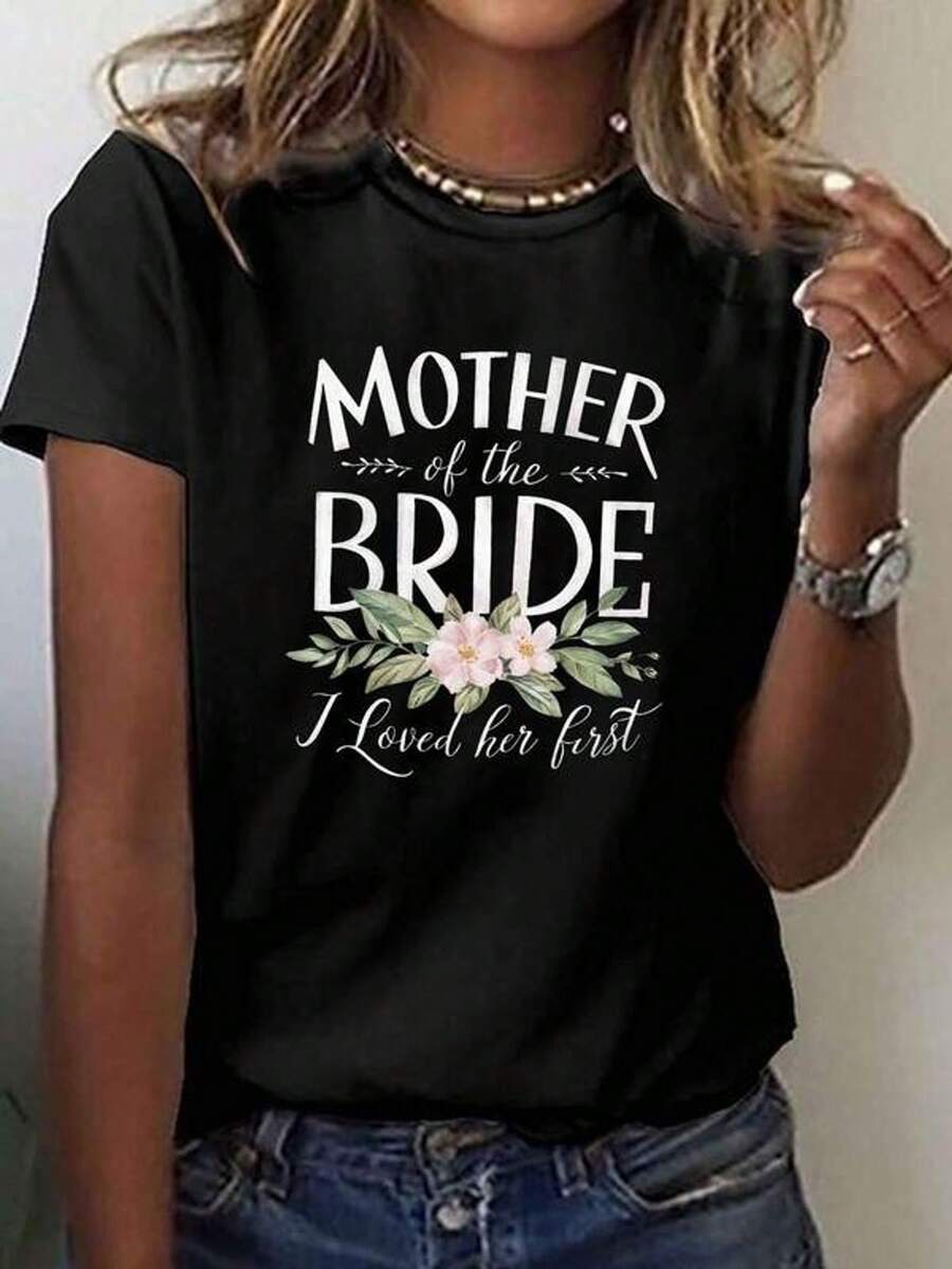 Mother's Day Design T-Shirt, Casual Round Neck Short Sleeve Top, Suitable For Summer And Spring, Women's-Unisex Clothing, Suitable For Everyday Casual Outings, Short Sleeve Summer Top, Y2K Retro Print T-Shirt - 黑色 - 查看 1