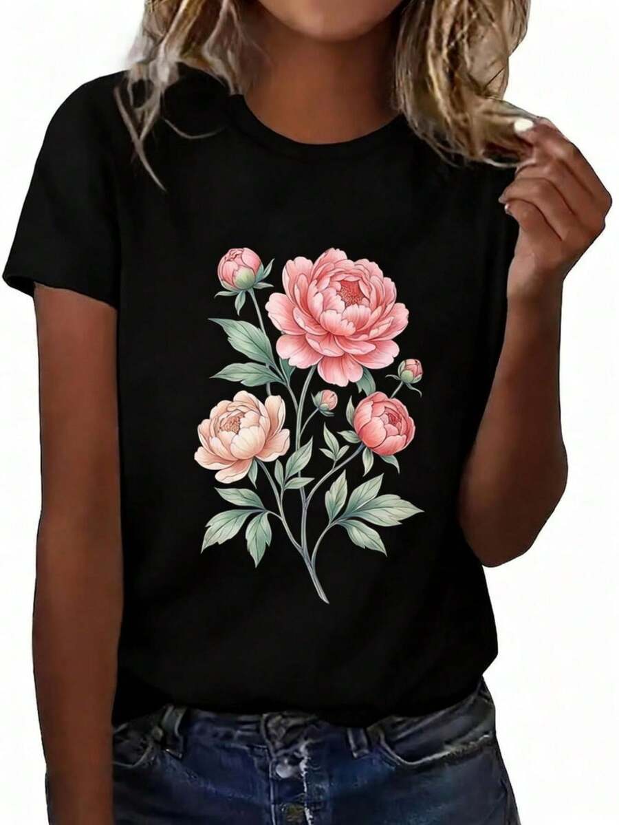 1 pieza de ropa de verano para mujer, camiseta con estampado de ramo de peonías rosas para salidas en jardines primaverales, cuello redondo, manga corta, top casual y a la moda, atuendo elegante para fiestas, corte holgado, regalos para días festivos, diseño divertido, ropa de uso diario, ropa para el hogar. - Negro - Ver 1