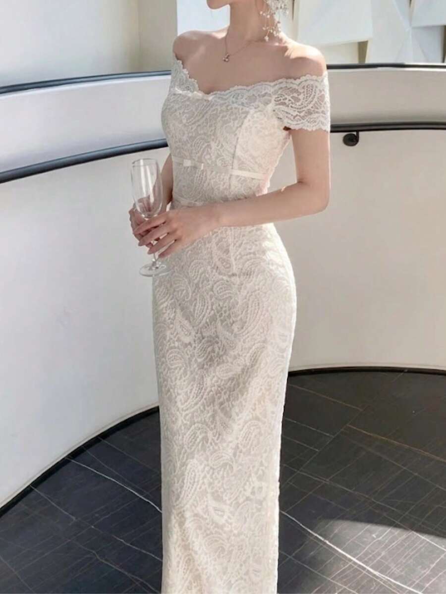 優雅時尚正式晚宴蕾絲中長洋裝 女款復古派對生日婚禮禮服 - 杏色 - 查看 1