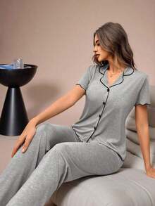 Mono de verano de punto ligero y suelto con volantes, de tela roja, de estilo casual y holgado para mujer - Gris Claro - Ver 1