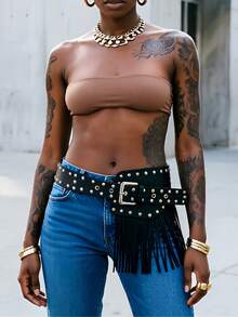 Western Cowgirl Style Black Fringe Rivet Belt, Personalized Wide Leather Belt, Suitable For Dresses And Jeans, Baddie Y2K Punk Rivet Fringe Wide Waist Belt - Multicolor - View 3
