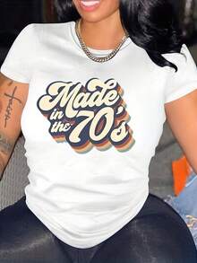 Women's Short-Sleeved Cotton T-Shirt, Casual T-Shirt, Short-Sleeved Round Neck T-Shirt With Artistic "70s" Letter Print For Women, With Medium Elasticity. - 白色 - 查看 2
