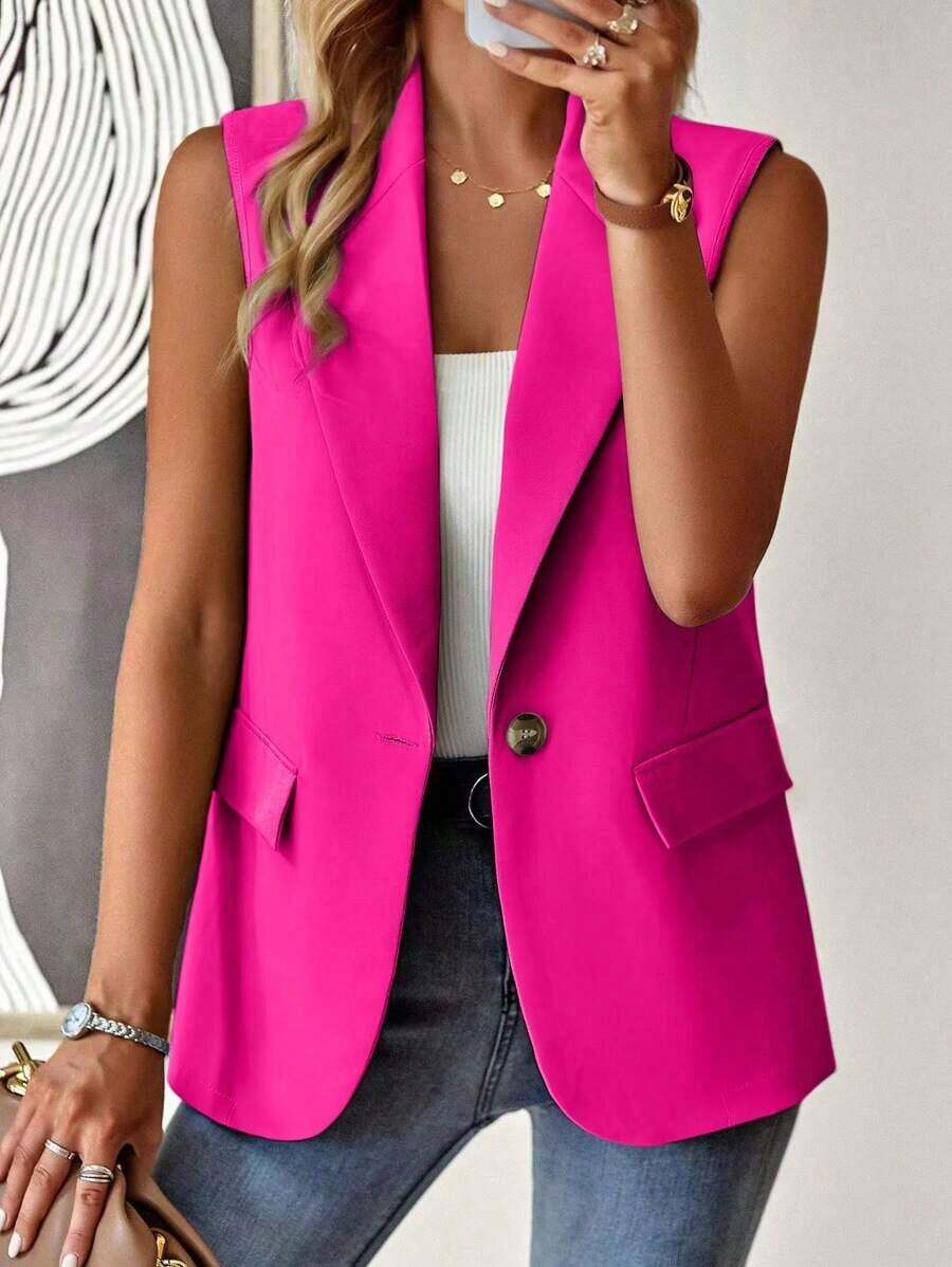 Blazer sin mangas de estilo elegante de color verde oliva para mujer, chaleco casual con solapa y botón en tela tejida lisa, corte regular - Rosa Fucsia - Ver 1
