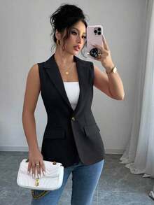 Blazer sin mangas de estilo elegante de color verde oliva para mujer, chaleco casual con solapa y botón en tela tejida lisa, corte regular - Gris Oscuro - Ver 3