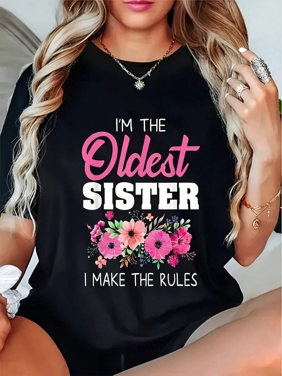 Camiseta Gráfica para Mujer "Soy la Hermana Mayor, Yo Freno las Reglas" - Negra, Manga Corta, Cuello Redondo, Estilo Casual con Estampado Floral, Lavable a Máquina, Camiseta de Verano y Primavera, Camisetas para Mujer, Y2k, Camiseta, Camisa - Blanco - Ver 1