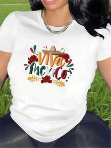 Camiseta de  con diseño Viva México para uso en restaurantes, duradera y ligera, ideal para reuniones festivas, ajuste cómodo, colores vibrantes, camiseta gráfica elegante para eventos casuales - Blanco - Ver 2