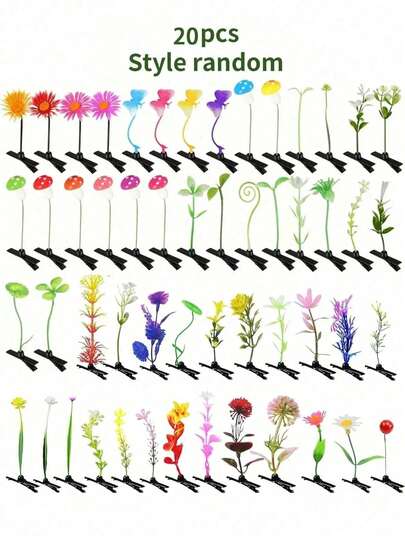 20pcs/10pcs Random Charming Mixed Faux Plant & Butterfly Hair Clips Set, Cute Grass, Mushroom, Flower Hair Clips Suitable For Women And Girls, Great For School, Family Gathering, Christmas And Easter Gifts, Hair Clips, Hair Pins, Hair Accessories