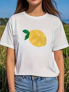 Gift | 100% Pure Cotton And Breathable | 1pc Fashionable Women's Round Neck Short Sleeve T-Shirt With [Lemon] Print, Comfortable And Stylish T-Shirt Suitable For Casual Daily Wear - 白色的 - 查看 1