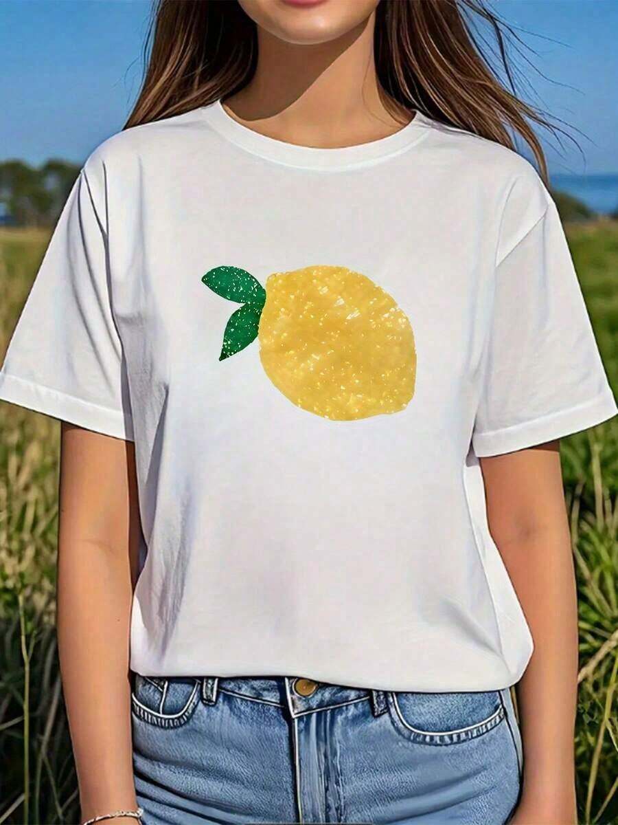 Gift | 100% Pure Cotton And Breathable | 1pc Fashionable Women's Round Neck Short Sleeve T-Shirt With [Lemon] Print, Comfortable And Stylish T-Shirt Suitable For Casual Daily Wear - 白色的 - 查看 1