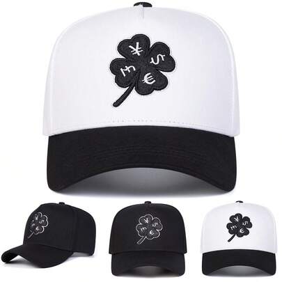 1pc Men's Four-Leaf Clover Truck Driver Cap, Embroidered Baseball Hat, Street Fashion Five-Panel Hat, Outdoor Sun Protection Casual Cap For Spring, Autumn, Travel, Beach