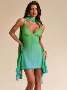 Vestido corto de gasa con escote en V profundo y cinta de color negro sólido, adecuado para citas diarias, salidas nocturnas, discotecas, fiestas, reuniones, fiestas de cóctel, monos de vacaciones, fiestas en la piscina, ropa de oficina, vestidos para ir y venir - Multicolor - Ver 6