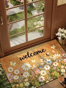 1pc White Flower Green Leaf Bee Welcome Pattern Door Mat, Pastoral Style Machine Washable Polyester Fiber Mat, Suitable For Living Room, Kitchen, Bedroom, Entrance, Home Decor, Room Decor, All Seasons - 1PC - View 2