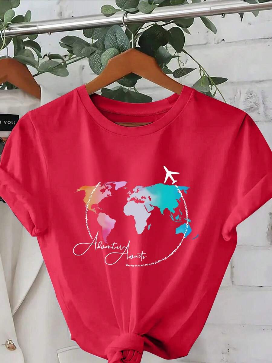 Camiseta de cuello redondo con estampado de moda, ropa de mujer de talla estándar, playeras de mujer. - Rojo - Ver 1