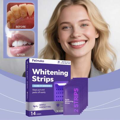 1 caja que contiene 7 pares/14 piezas de tiras blanqueadoras de dientes de color púrpura. Estas tiras blanqueadoras son convenientes para el uso diario en el hogar, fáciles de aplicar, pueden iluminar y blanquear los dientes, y eliminar de manera efectiva las manchas amarillas. Fácil de usar, suave y no irritante para la cavidad oral.