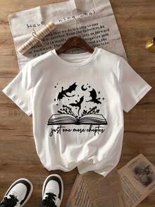 Women's Book Lover T-Shirt - Dragon And Book Graphic Print, Short Sleeve, Crew Neck, Casual Style With Bats, Owls, And House  Design - Lightweight And Relaxed Fit For Casual Wear, Book Conventions, And Themed Events (Sizes S-3XL) - Y2K Magical Reader Clothing - 黑色 - 查看 10