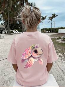 Tween Girl' Cute Turtle Graphic Tee, Girls' Casual Short Sleeve T-Shirt - Pink - View 2