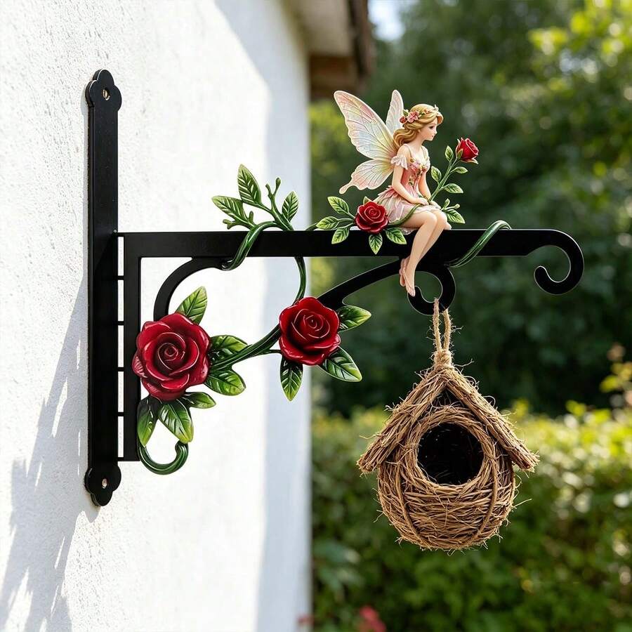 1pc Metal Double-Sided Colorful Floral & Fairy Printed, Wall-Mounted Outdoor Hanging Rack, Suitable For Porch, Bird Feeder, Lantern, Wind Chime Etc, Sturdy Iron Structure Hook - A - View 1