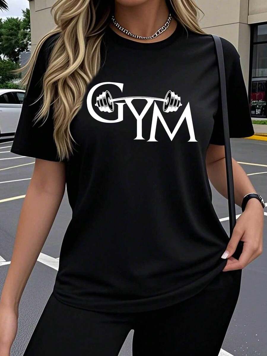 Soft 100% Cotton Women's Short-Sleeved T-Shirt, Gym Design, Creative And Fun Print, Breathable, Elastic, Round Neck, Comfortable To Wear Outdoors In Spring, Summer And Autumn, Y2K Style, Loose, Casual, Simple And Fashionable, Round Neck, Breathable, Cotton, Matches Everything. - 黑色 - 查看 1