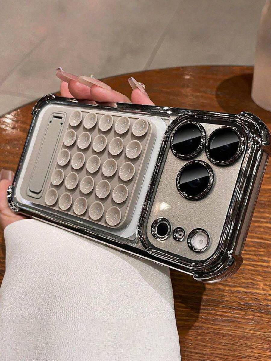 1pc DIY Four-Corner Electroplated Suction Cup Holder Clear Phone Case Compatible With IPhone 17 16 15 14 13 12 11 Pro Max Plus Hard PC Back Cover - Grey - View 1