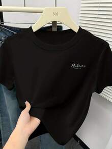 Camiseta negra de manga corta para mujer |   Cuello redondo informal, corte regular, tela cómoda, para todas las estaciones, adecuado para uso diario, elegante y hermoso. - Negro - Ver 4
