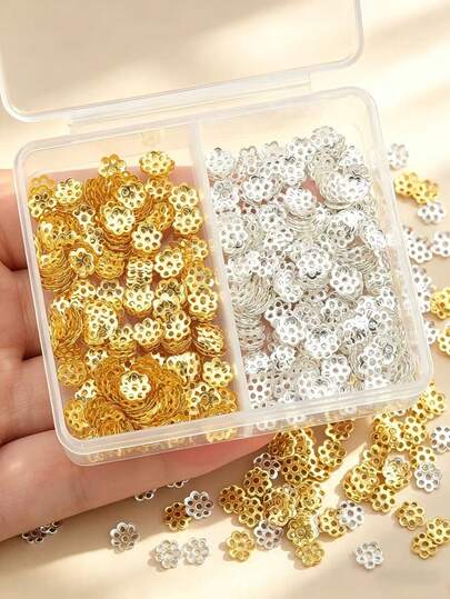 1000 pièces/boîte Perles de sertissage en forme de fleur dorées/argentées, perles entretoise en forme de fleur, capuchons de pendentif en forme de fleur, capuchons de perle en forme de fleur, coupelles de perle, capuchons de gland, bases de boucle d'oreille, fixateurs de perle, fixateurs de tampon, connecteurs de fleur, perles lâches