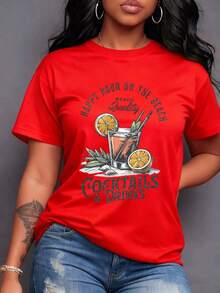 Un vibrante cóctel veraniego con naranjas frescas y menta sobre  evocando la felicidad la playa y la relajación en tus vacaciones ideal para días soleados y celebraciones momentos especiales Camiseta de mujer 100% algodón,maija mujer curvy. - Rojo - Ver 7